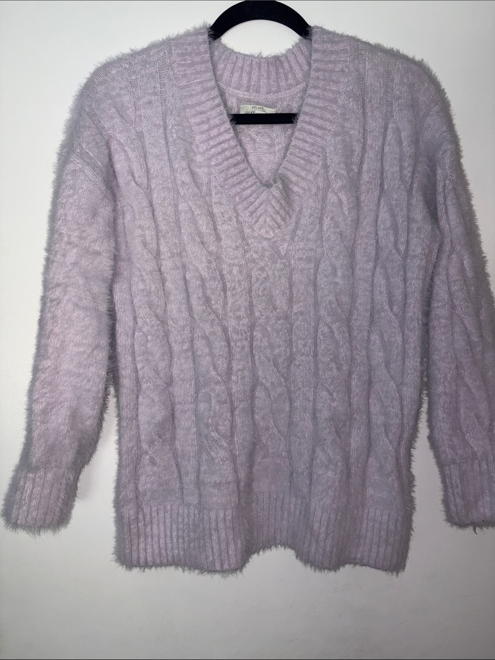 Lucky Brand Lavender Fuzzy Cable Knit V-Neck Sweater